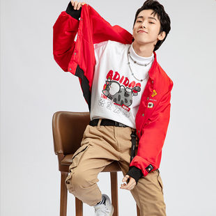 阿迪达斯NEO外套男CNY牛年本命年红色吾皇万睡夹克短袖套装GS5182