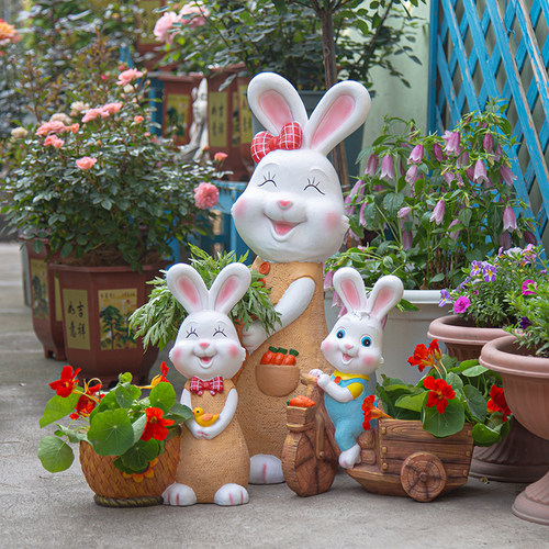 福四方花园兔子花盆摆件