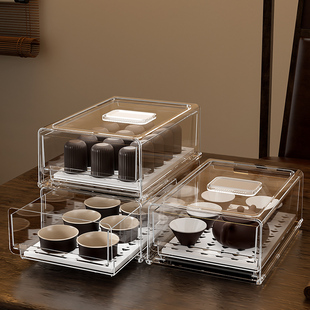 茶具收纳盒透明酒杯防尘放功夫茶杯橱柜装 碗茶壶可叠加杯子置物架