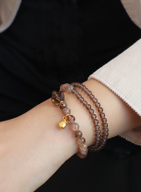 天然彩发晶双圈手链女茶晶钱袋招财好运高级感手串男串珠批发