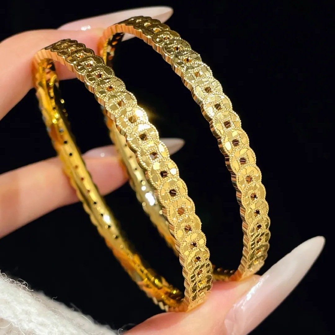 小红书爆款沙金爆闪镂空碎冰铜钱纹手镯满圈钱多多岁岁多金镯子