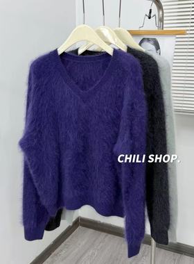 【英英Chili】慵懒风V领韩系山羊绒拉绒韩系宽松针织毛衣YS 11.05