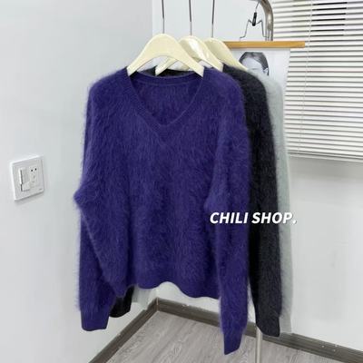 【英英Chili】慵懒风V领韩系山羊绒拉绒韩系宽松针织毛衣YS 11.05