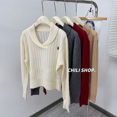 【英英Chili】翻领韩系麻花设计师100全羊毛针织毛衣PL 01.13