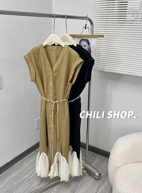 【英英Chili】V领落肩袖欧货气质100亚麻下摆撞色花边连衣裙06.06