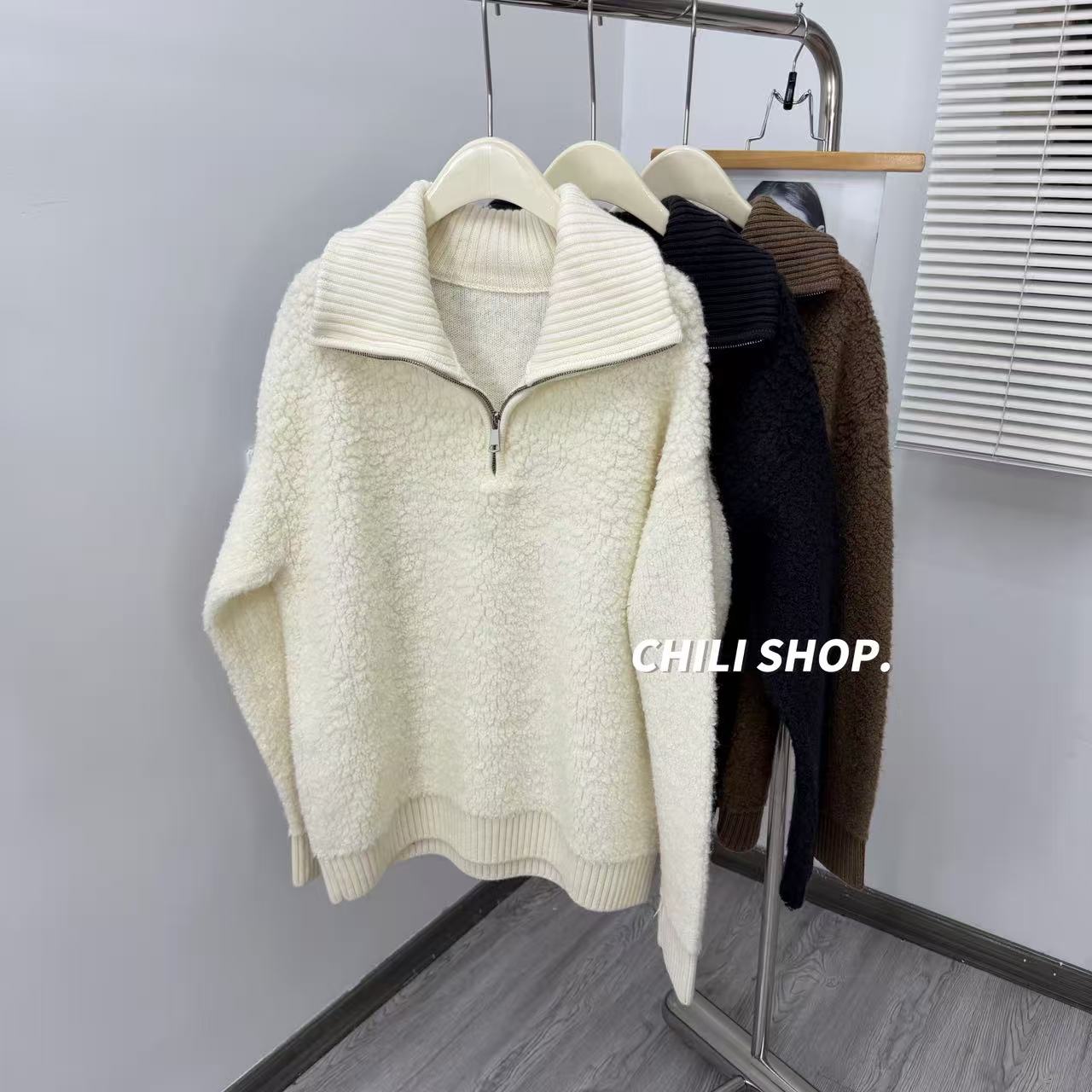 【英英Chili】拉链翻领阔版慵懒风DA圈圈100全羊毛针织毛衣 11.25