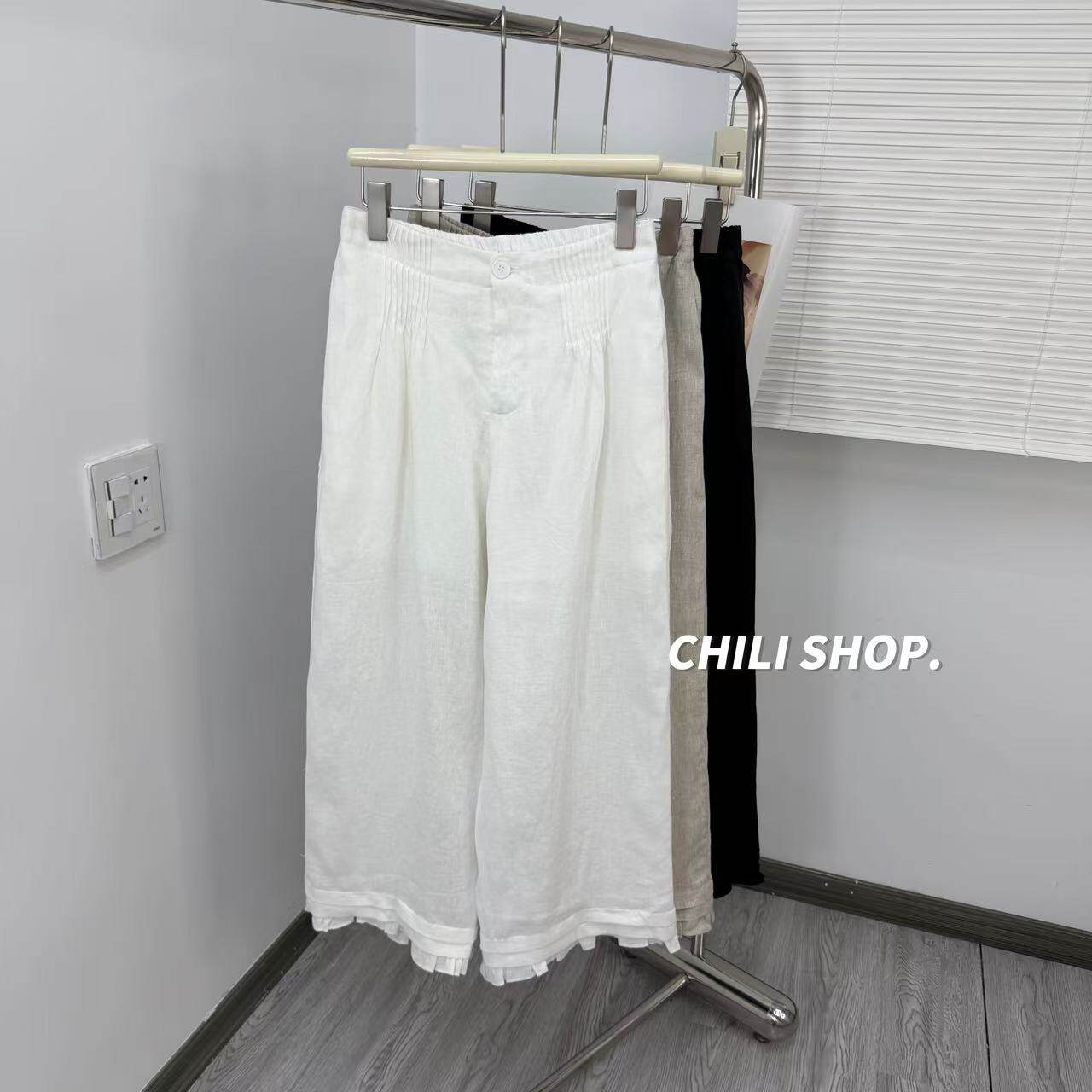 【英英Chili】花边下摆减龄韩系设计师款休闲亚麻阔腿裤 05.20