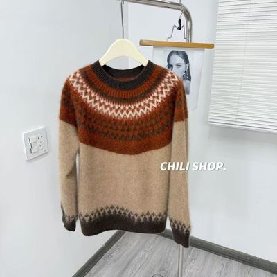 【英英Chili】复古风费尔岛山羊绒拉绒韩系减龄针织毛衣M 12.13
