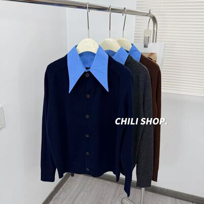 【英英Chili】撞色衬衫领时髦韩系设计师款全毛针织毛衣X 09.07