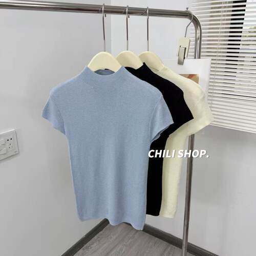 【英英Chili】中领小飞袖韩系简约修身显瘦超细羊毛针织短袖03.31