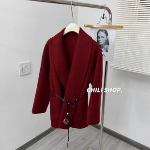 气质韩系中长羊毛双面尼大衣 极简风浴袍款 12.25 英英Chili