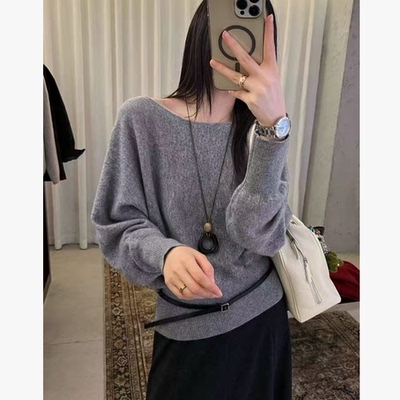 【英英Chili】大圆领韩系蝙蝠袖宽松100全羊毛腰带针织毛衣 10.24