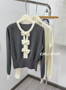 【英英Chili】减龄撞色蝴蝶结韩系设计100全羊毛针织毛衣 12.22