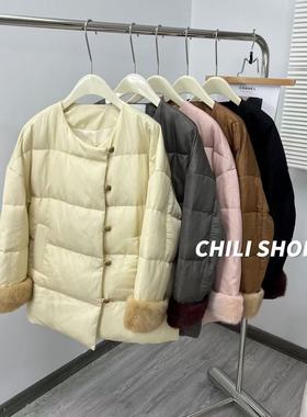 【英英Chili】高定设计复古风麻料90白鹅绒水貂袖鹅绒服PH 01.05