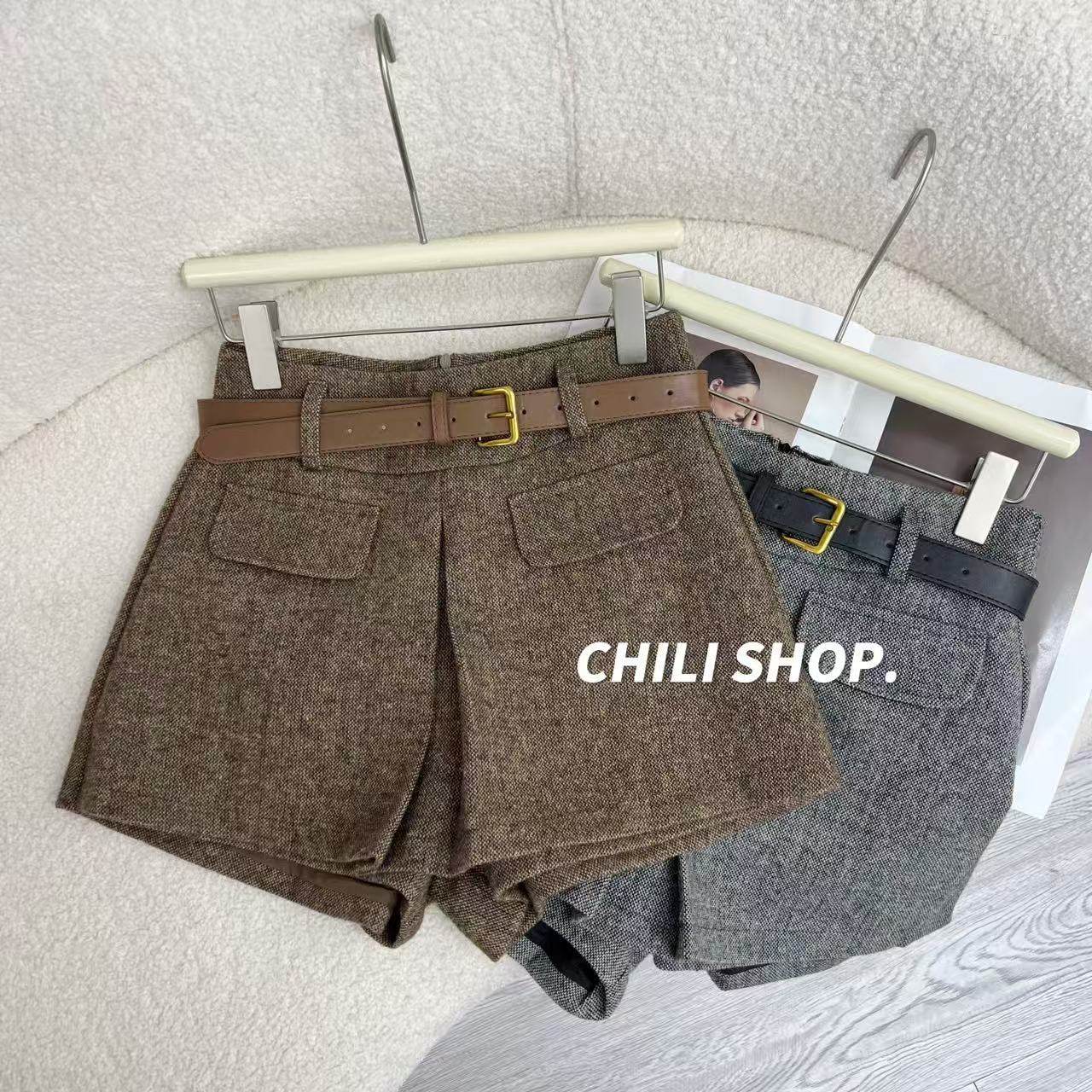 【英英Chili】粗花呢加厚韩系简约高腰秋冬百搭小香短裤 10.31
