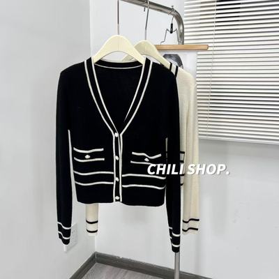 【英英Chili】撞色V领气质欧货设计100全羊毛小香风针织开衫10.27