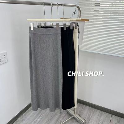 【英英Chili】韩系松紧腰简约纯色100全羊毛针织半身长裙 08.04
