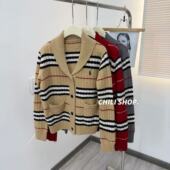 01.16 英英Chili 条纹格翻领复古风韩系100全羊毛针织开衫
