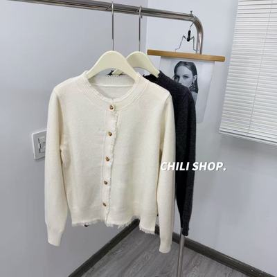 【英英Chili】流苏边爱心扣韩系斜门襟100全羊毛针织开衫 12.13