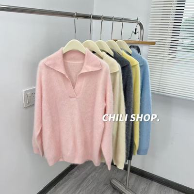 【英英Chili】翻领韩系减龄无缝一体宽松山羊绒拉绒针织毛衣09.21