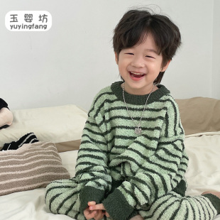 儿童厚 男童分体套装 宝宝加厚家居服小童半边绒睡衣秋冬款 2025新款