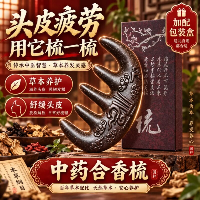 古法中药合香梳子何首乌侧柏叶固发养生黑色发防断发头部经络按摩