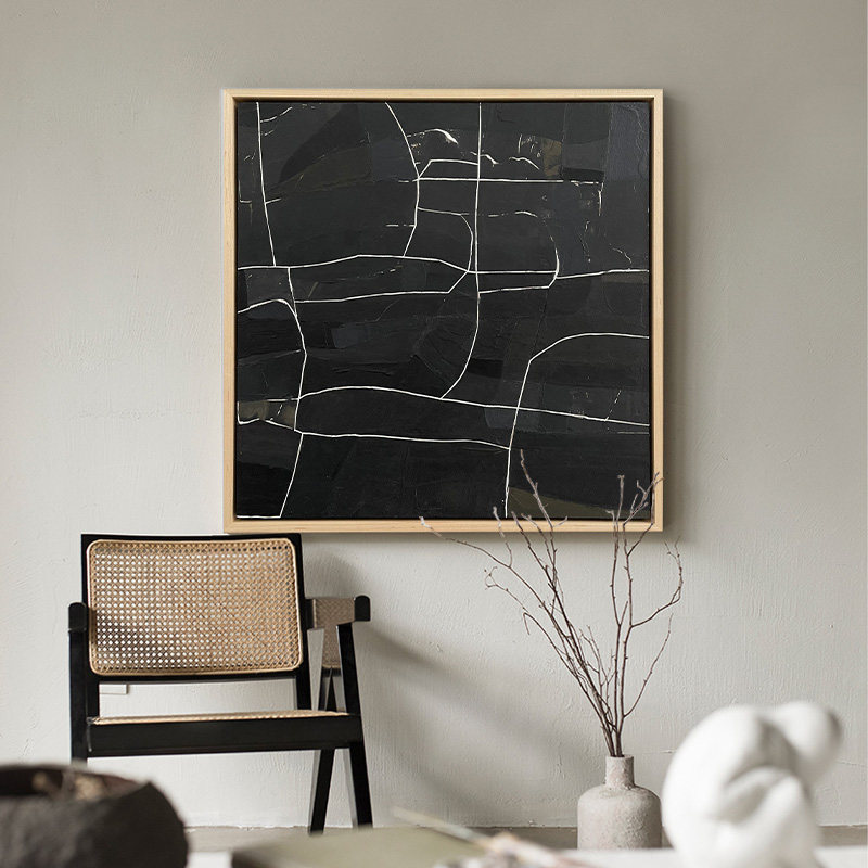 e paint原创手绘《引力》赤贫风客厅餐厅黑色简约抽象油画装饰画