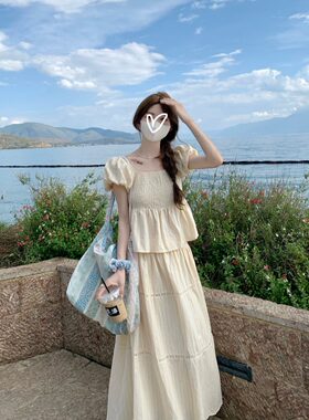 实拍 2024夏季法式泡泡袖上衣女衬衫+大摆型a字宽松半身裙套装