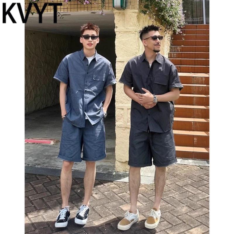 潮牌男款短袖衬衫短裤穿搭一整套男士夏季工装套装时尚痞帅气男装