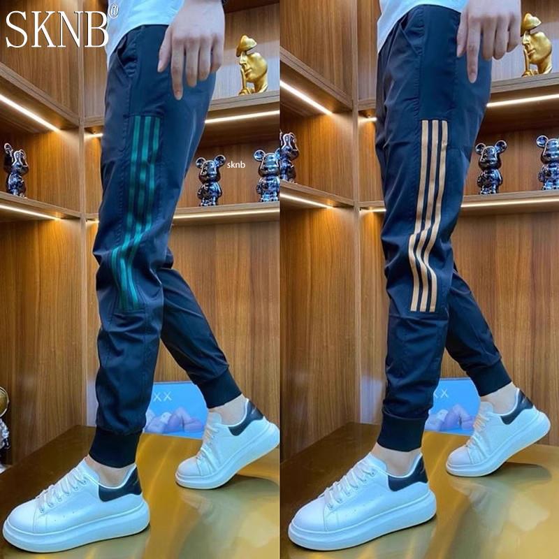 冰丝条纹休闲裤男士夏季薄款速干潮流百搭修身运动束脚九分裤男款