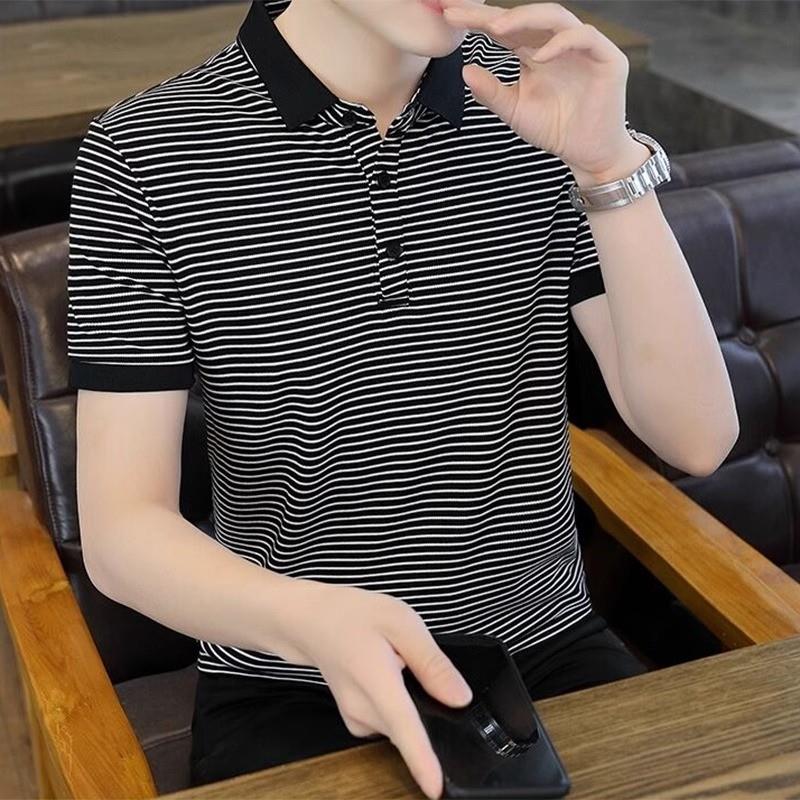潮牌POLO衫男士夏季丝光棉短袖t恤高端条纹带领冰丝薄款休闲上衣