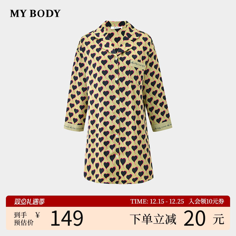 商场同款MYBODY睡裙女摩登印花丝滑缎面随性高级感长袖睡衣家居