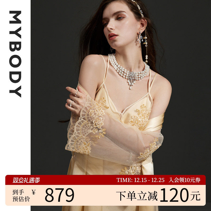 MYBODY商场同款真丝桑蚕丝睡衣套装女蕾丝性感轻奢家居服吊带睡