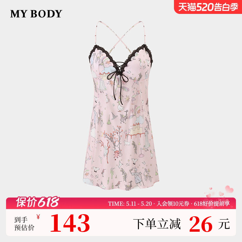 商场同款MYBODY2026夏季新款性感睡裙V领美背印花带胸垫吊