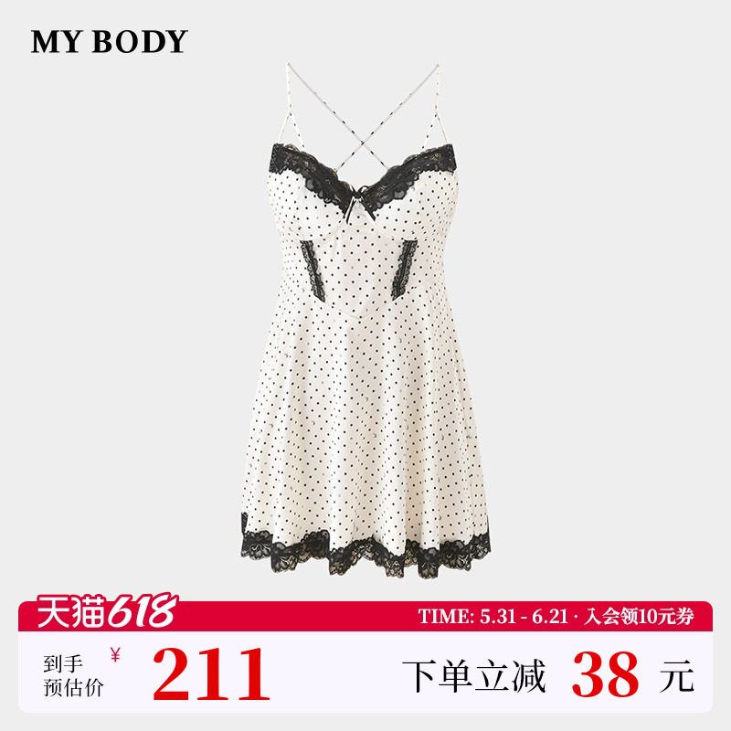 商场同款MYBODY26夏季新款吊带睡裙复古波点蕾丝带胸垫性感吊带裙