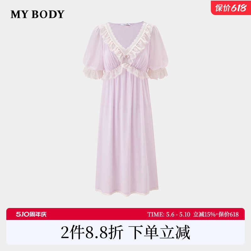 商场同款MYBODY26夏季新款睡裙宫廷风蕾丝V领花苞袖带胸垫家