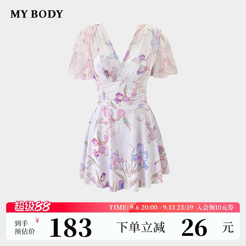 商场同款MYBODY新款性感V领收腰显瘦印花裙式海岛度假连体泳衣女