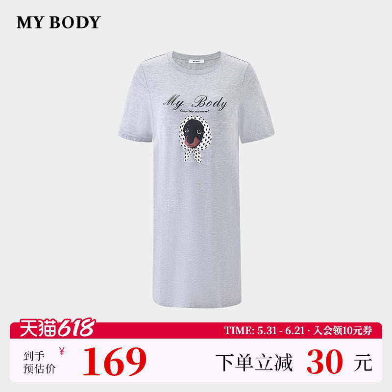 商场同款MYBODY26夏季新款慵懒圆领宽松小狗印花亲肤棉质短袖