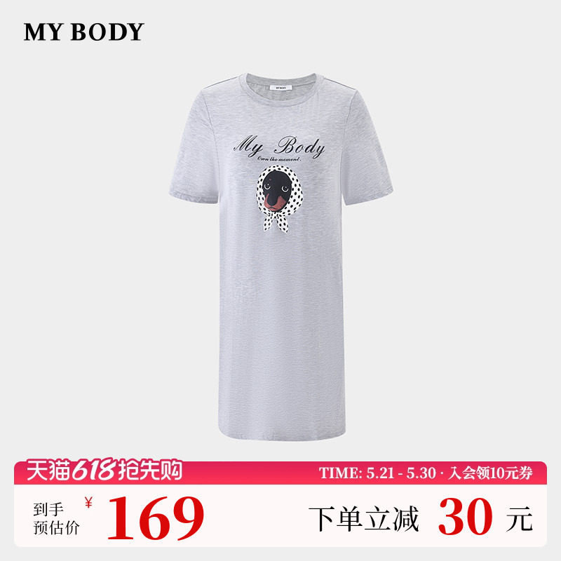 商场同款MYBODY26夏季新款慵懒圆领宽松小狗印花亲肤棉质短袖