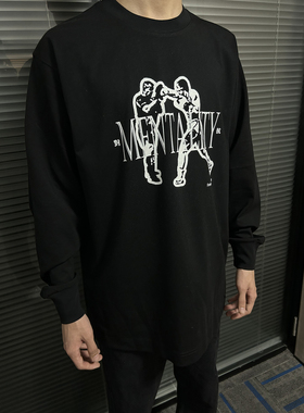 Freefallpark拳击 国潮美式 进口数码印花圆领270克纯棉黑色长袖