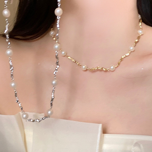 INS金属风~不规则液态珍珠项链配饰女秋冬毛衣链轻奢高级感锁骨链
