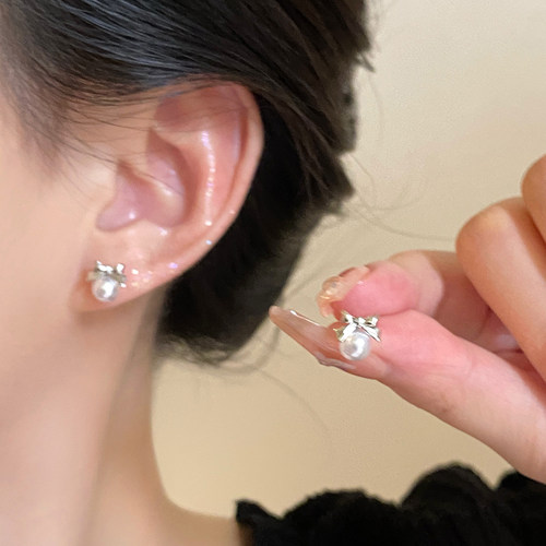 mini蝴蝶结白珍珠耳钉女精致小巧