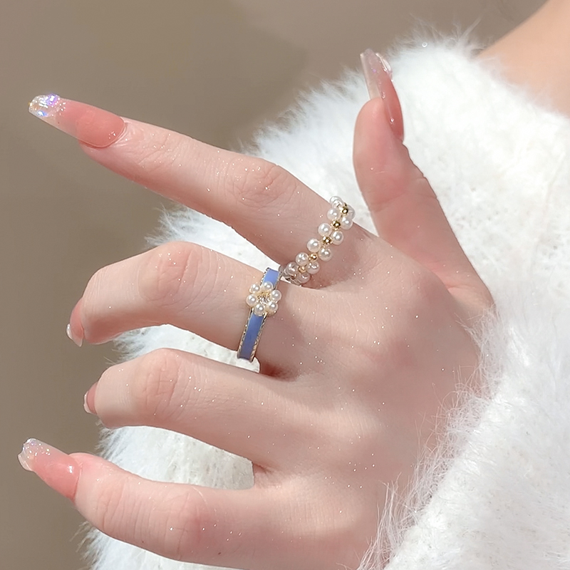 蓝色滴胶珍珠戒指女开口食指戒指