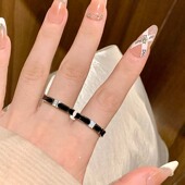 黑色滴釉钛钢戒指女轻奢高级感尾戒素圈戒指女小众设计锆石食指环