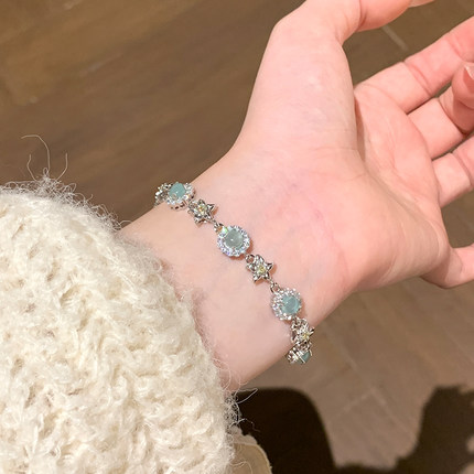铜镀银手链女款绿蛋面水钻手链轻奢小众精致手串新中式手绳手饰品