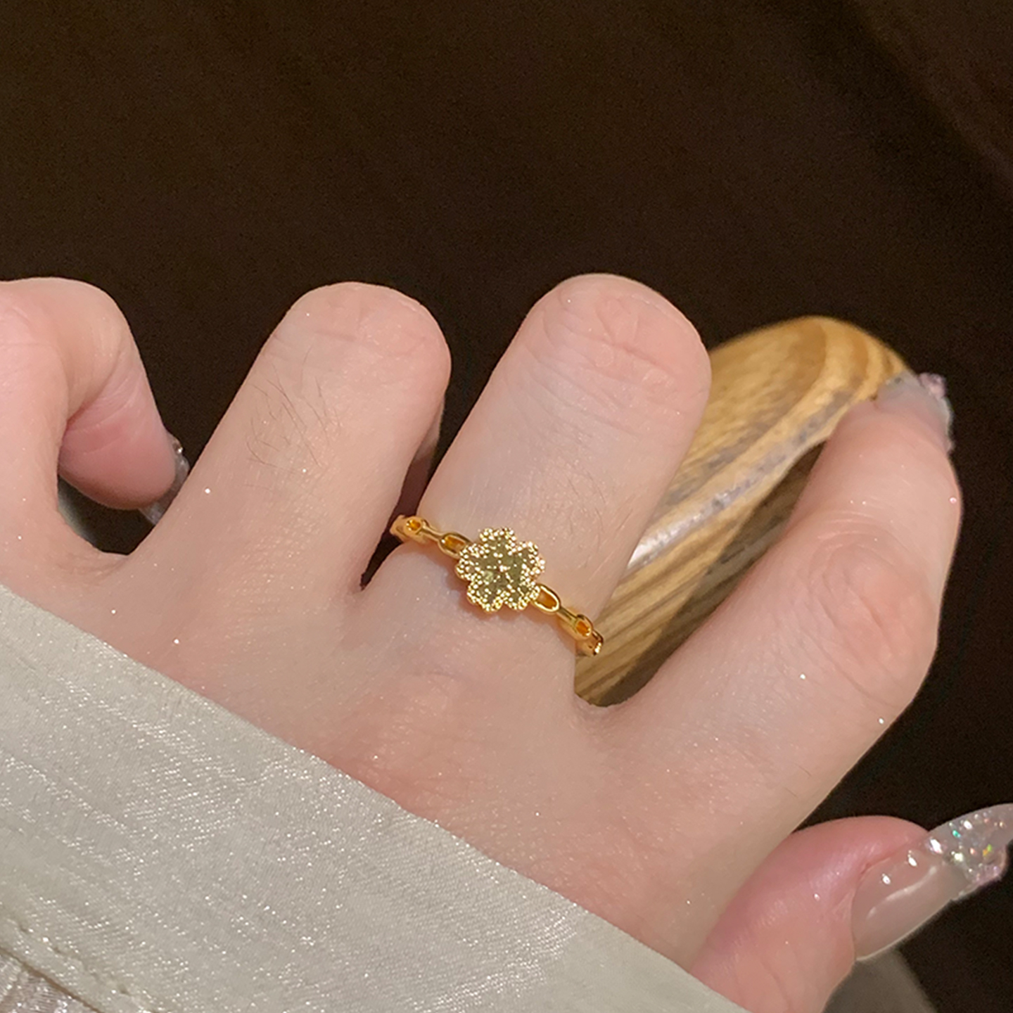 樱花碎冰冰沙金色戒指女开口设计