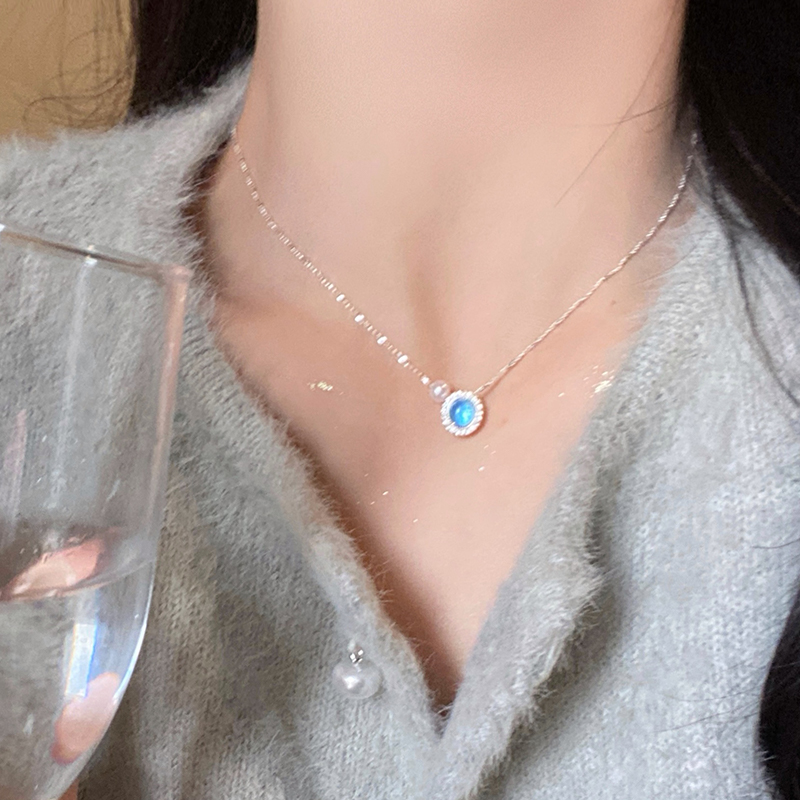 海蓝宝单珍珠波光项链女法式温柔