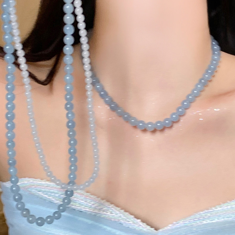 水晶海蓝宝项链女款2026新款串珠锁骨链女高级感毛衣链素链4~8mm