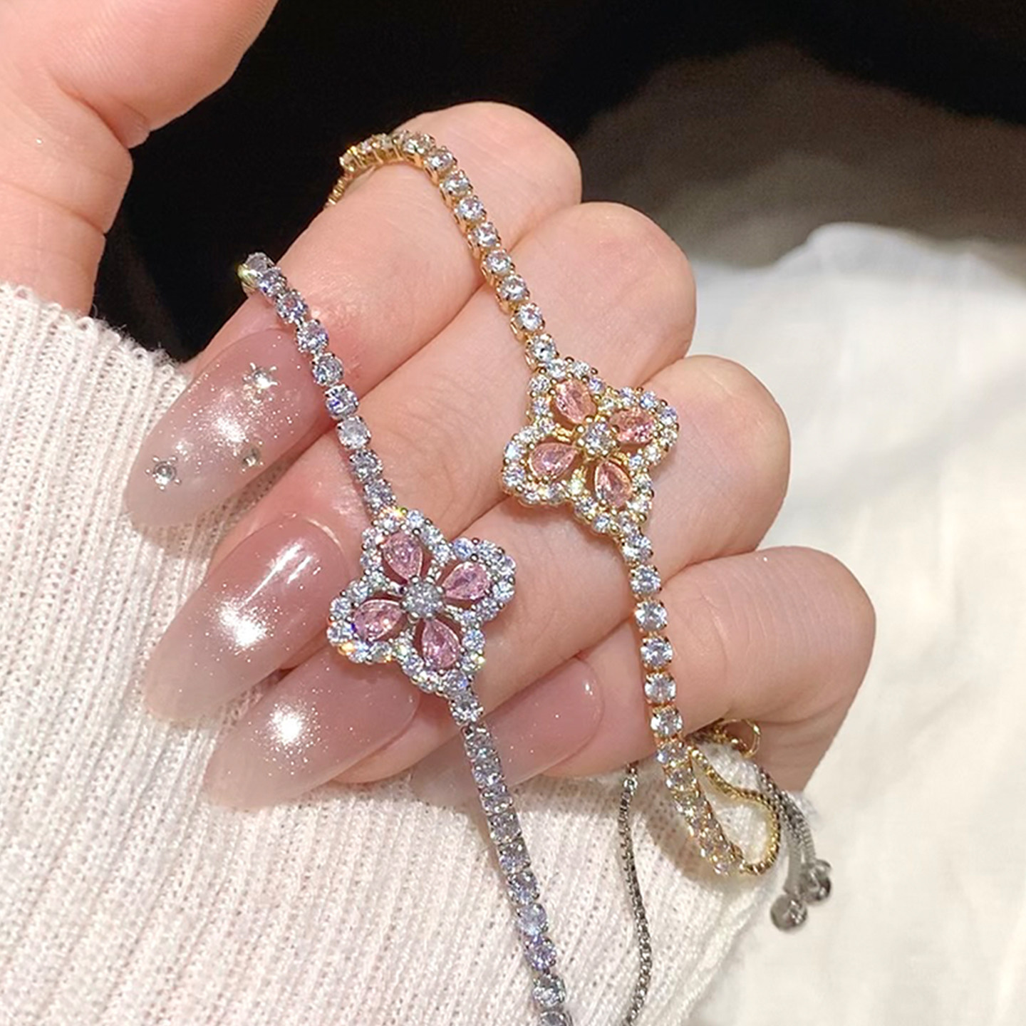粉钻超闪大四叶草花瓣满钻手链女