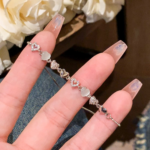 碎钻爱心猫眼石手链女抽拉可调节